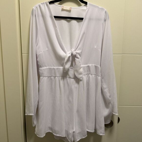 Altar'd State Pants - White Long Sleeve Romper V Neck Tie